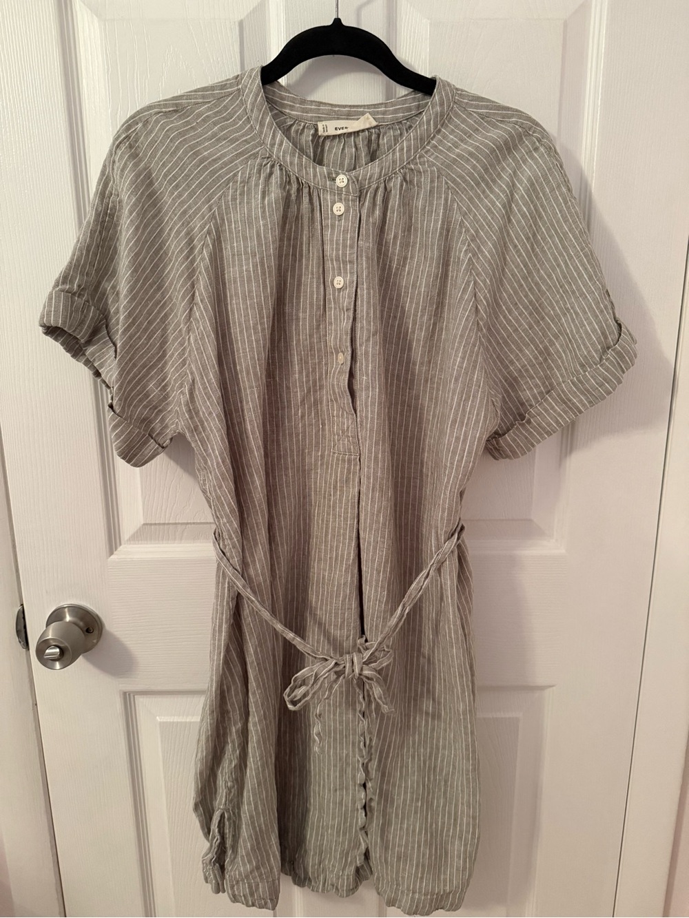 Everlane European Flax Linen Green and White Striped Dress Size Medium